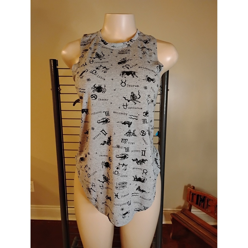 Modern Lux Womens Gray Zodiac Astrology Print Racerback Tank Top Curved Hem